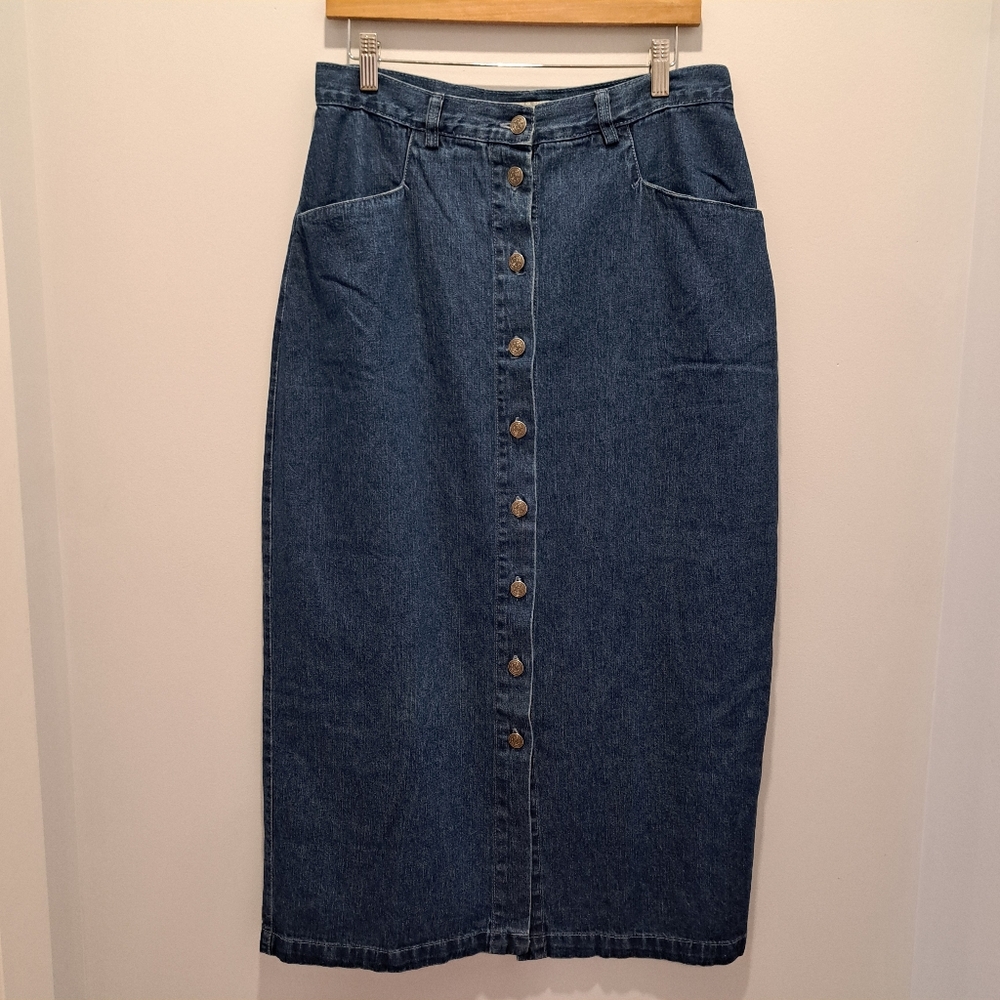 Vtg Denim Button-Front Midi 80s 90s Cottagecore Grunge Western Modest Skirt 12
